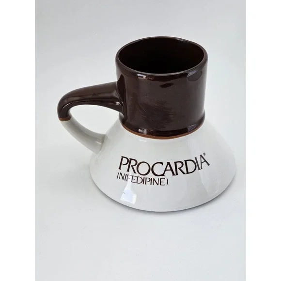 PROCARDIA NIFEDIPINE Pharmaceutical No Spill Coffee Mug Brown‎ White Desk Cup - Picture 2 of 4